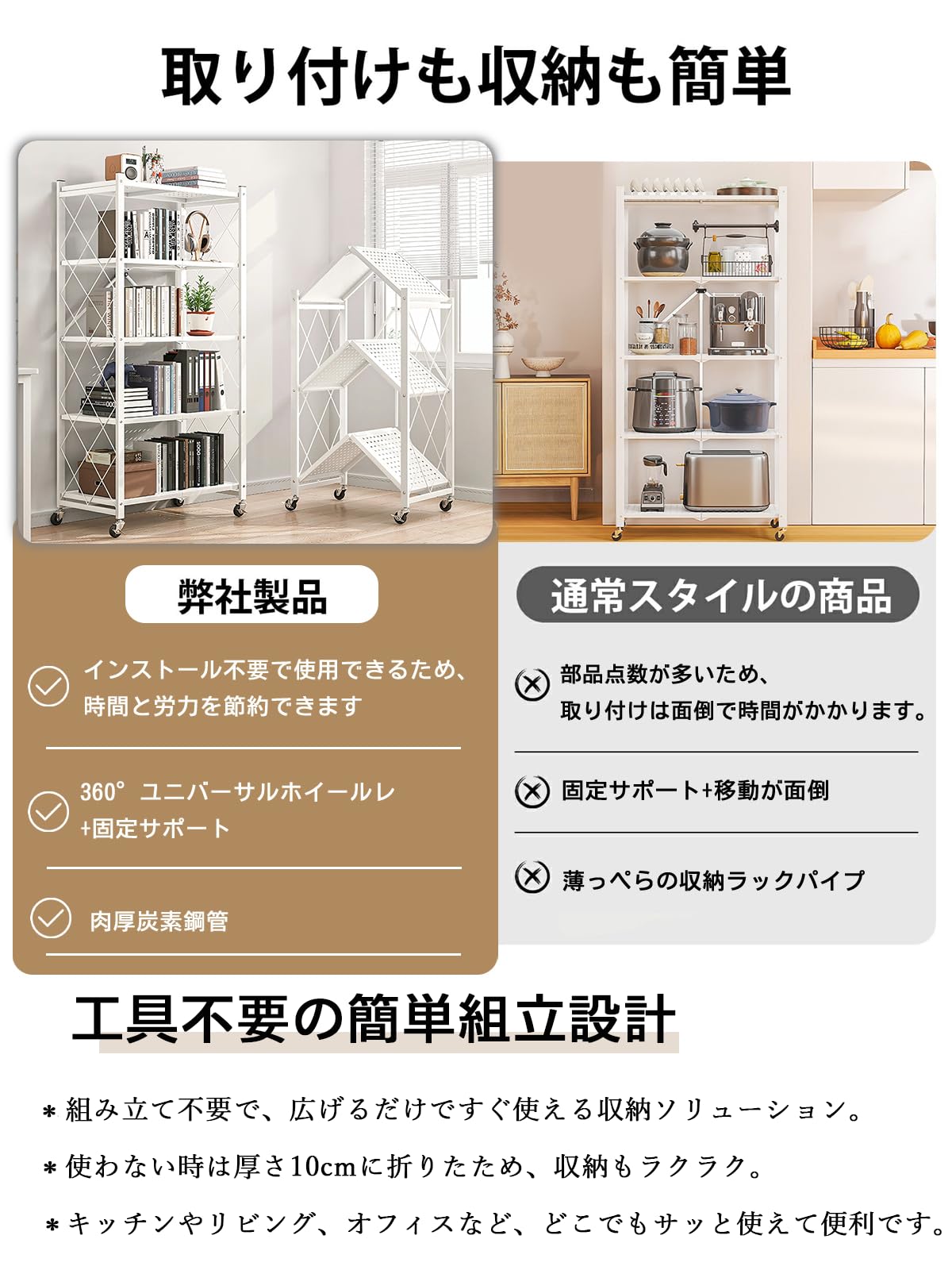 Amazon｜【驚異耐荷重の組み立て不要】メタル製ラック 折りたたみ式